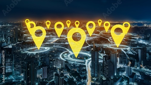 Current guide and geolocation idea with night megapolis city scene and brilliant computerized yellow pin focuses tumultuously arranged.