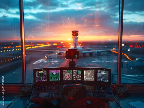 Air traffic control tower at sunset overlooking an airport with aircraft preparing for departure