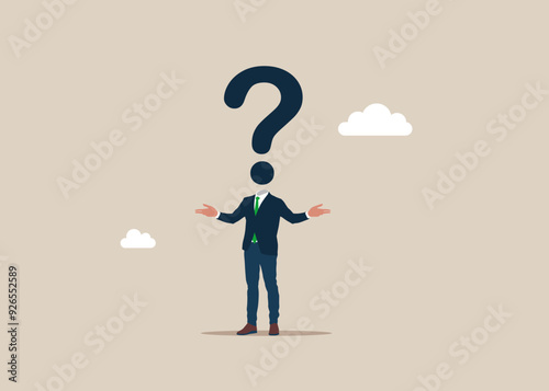 Unknown person. Anonymous businessman with question mark head person. 5w1h asking questions for solution to solve problem. Flat vector illustration