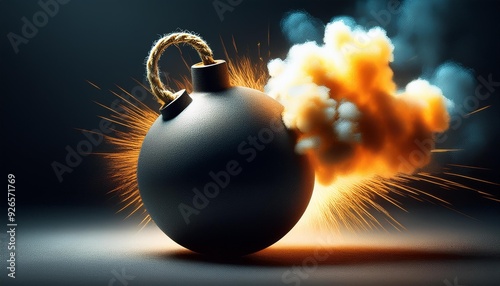 A photo of a bomb with smoke coming out. The picture is dark and the colors are contrasting.