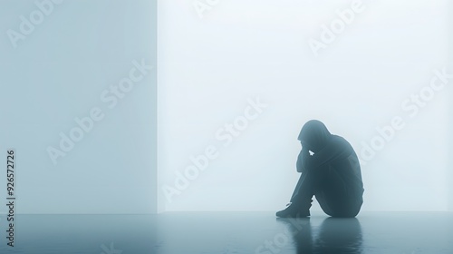 man sitting at home alone on floor covering face in shame and regret. Person suffering from trauma feelng anxiety and depression