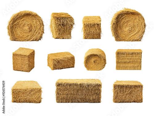 Collection set of bales of hay isolated on transparent or white background