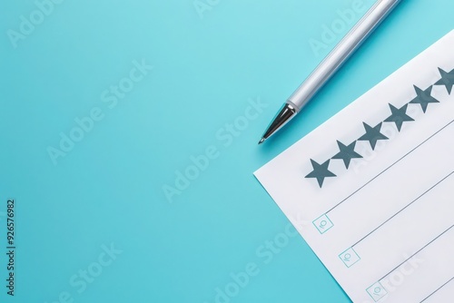 A sleek feedback form lays on a solid background, accompanied by a shiny pen, inviting users to share their thoughts thoughtfully.