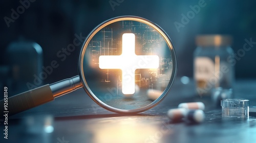 Magnifying glass focusing on a glowing white plus sign, highlighting the concept of positivity, healthcare, and adding value in an abstract composition.