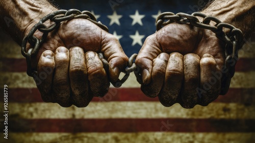 A pair of hands breaking free from chains, with the American flag waving in the background, symbolizing the triumph of freedom and the ongoing struggle for justice and equality