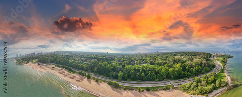 Aerial view of Bradford Beach in Milwaukee at sunset, Wisconsin