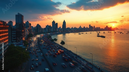 The bustling marine drive in Mumbai, with the city skyline and the Arabian Sea in the background at sunset.