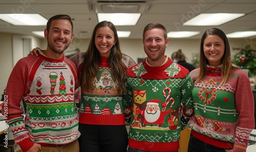 Office staff are having fun at a party in ugly Christmas sweaters. Young office staff of different nationalities in ugly sweaters smile and look at the camera.