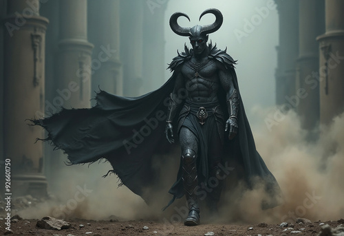 Hades in the underworld, the ancient greek god, horned, black skin and grunge dark clothes, black scale armour