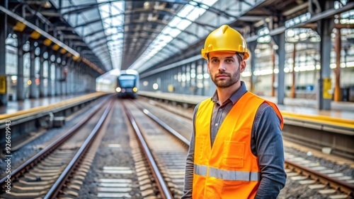 Railway Engineer in Orange Safety Vest and Hard Hat Standing on Train Tracks in a Modern Station