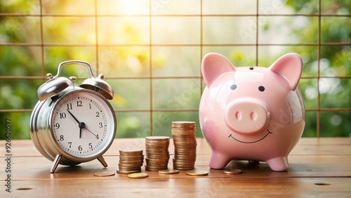 Alarm clock and piggy bank on a desk, surrounded by coins and a calendar, symbolizing the importance of managing time and budget efficiently.