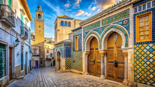 Ancient medina walls and bustling streets of Tunis, Tunisia, with vibrant tiles, arched doorways, and ornate mosques, blending history and modern urban life.