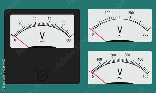 Analog voltmeter with customized scale markings and gauge faces. Vector illustration, flat style