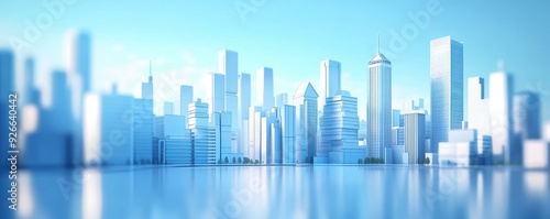 Abstract city skyline with blue buildings and reflection.