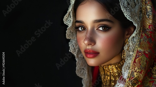 A realistic image of a Spanish woman adorned with traditional accessories like a decorative mantilla (lace shawl) or bold jewelry