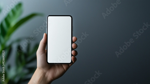 hand holding phone mockup with white screen on dark gray background with green plant