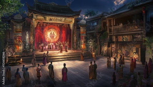 Ancient Chinese courtyard with stage and audience.