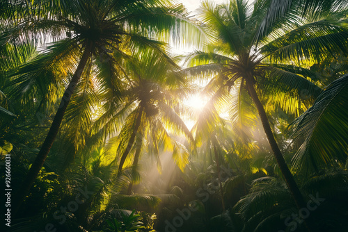 A dense grove of coconut palms with sunlight filtering through the leaves.