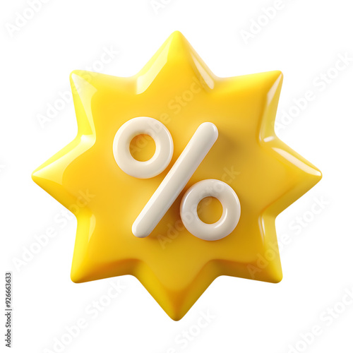 3D Yellow Sunburst with Percentage Symbol. yellow sunburst shape featuring a white percentage symbol at the center.