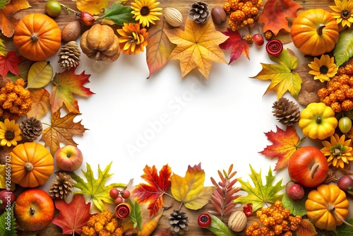 an autumn clipart in a frame. autumn leaves and stems wrapping around the frame with autumn gifts of nature