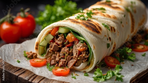 A delicious dürum roll, with its thin, rolled flatbread filled with spiced meat, fresh vegetables, and creamy sauce.