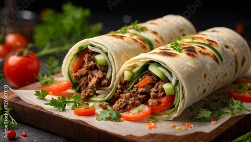 A delicious dürum roll, with its thin, rolled flatbread filled with spiced meat, fresh vegetables, and creamy sauce.