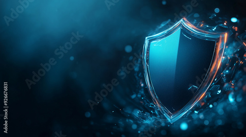 A sleek, high-tech shield with glowing edges hovers against a dark, abstract background with blue and orange digital sparks. The image conveys themes of cybersecurity