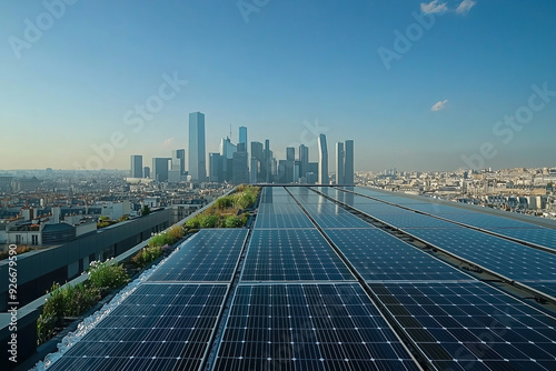 Rooftop solar panels with a modern urban cityscape in the background on a clear, sunny day.