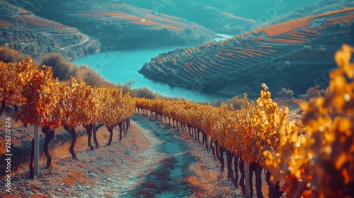 Vineyards in Portugal's Douro Valley, retro-styled image