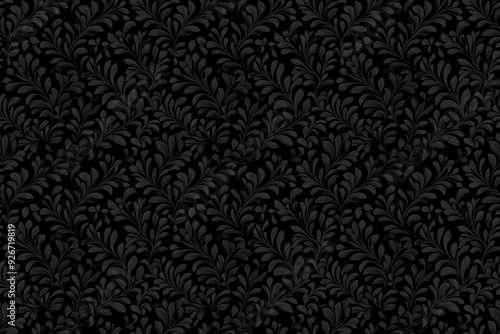 black floral damask seamless pattern tile featuring intricate and ornate monochrome leaf designs on a dark background, ideal for luxurious and classic design projects, backgrounds and backdrops