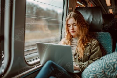 Young woman working on her laptop while traveling on a train, focused and productive in a comfortable setting