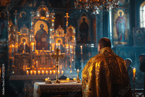 Orthodox priest at the altar during liturgy