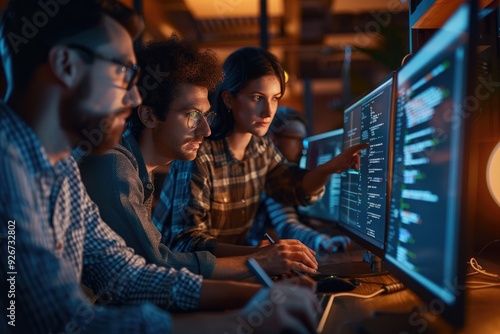 Team of focused developers collaborating on a project, analyzing code and solving complex problems in a modern office environment.