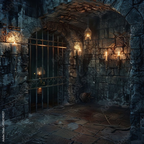 "In the dark dungeon, flickering candles cast eerie shadows on the stone walls, while rusted bars enclose the barred door. The grim, medieval atmosphere evokes a sense of confinement and mystery.