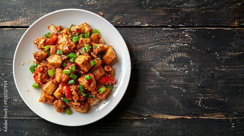 Serving a delectable chicken cashew stir fry on a rustic wooden background with a white plate