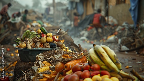 Contrast of uneaten food in landfill and starving african children, depicting hunger disparity