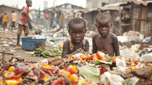 Contrast of uneaten food in dump with starving children in africa depicting hunger disparity