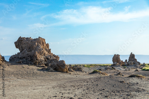 Limestone prehistoric chimneys rock formations, bottom of salt lake Abbe, Dikhil region, Djibouti