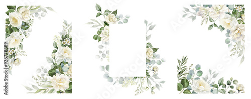 Watercolor white flowers border set. White roses, eucalyptus leaves. Floral background. Wedding frame. Invitation template. Greeting card