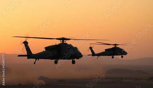 Two attack helicopters fly in sync over a desert at dusk, silhouetted against an orange sky, with depth of field and sunset lighting enhancing the dramatic scene.