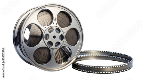 Silver film reel with film strip partially unspooled isolated on transparent background