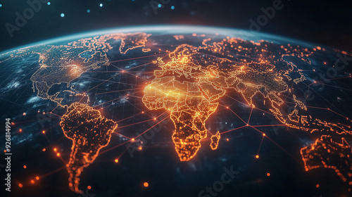 Digital world map with glowing orange connections, representing global data networks and business expansion