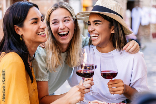 Three young multiracial women having fun enjoying aperitif with red wine in a restaurant. Female friendship and vacation lifestyle concept.