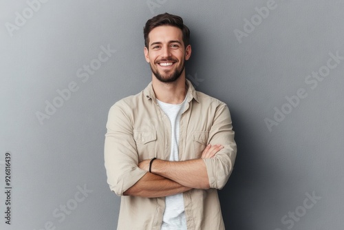 Portrait of a smiling young man in a beige shirt, standing with arms crossed, looking casually at the camera against a gray background.