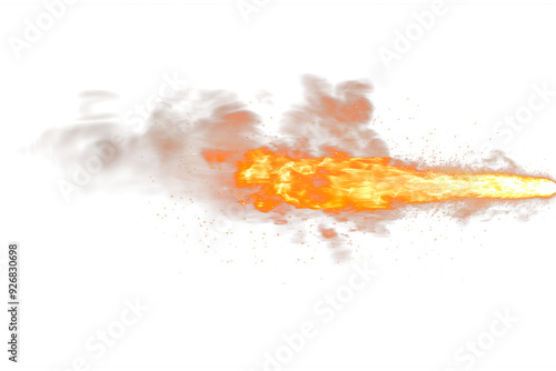 Overlay of a muzzle flash isolated on a white or transparent background. Close-up of the flame bursting from a firearm, design element, muzzle flash.