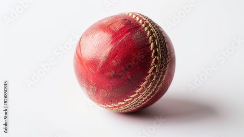 Worn red leather cricket ball sits on a plain white surface, displaying its well-used condition