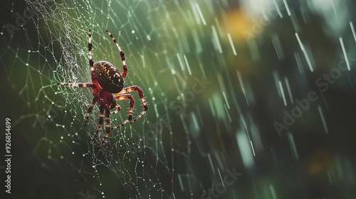 A spider cautiously navigating its web after rainfall