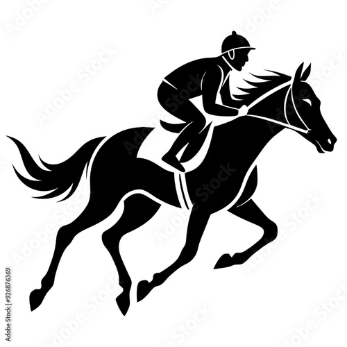 Jockey and Horse in Silhouette: A dynamic silhouette of a jockey riding a horse in full stride, capturing the raw power and elegance of equestrian sport. Perfect for designs, logos, and illustrations 