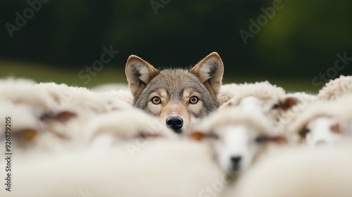 Wolf in Sheep's Clothing: A lone wolf, with piercing amber eyes, hides amongst a flock of sheep, blending seamlessly while exuding an aura of mystery and quiet cunning. 