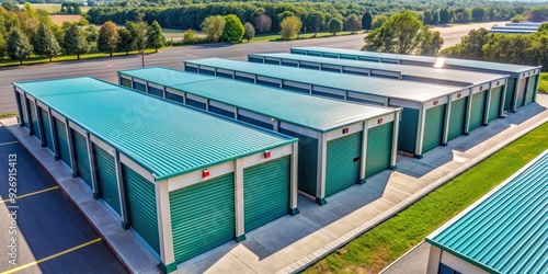 Aerial view of temporary self storage units , storage, temporary, containers, facility, aerial shot, overhead